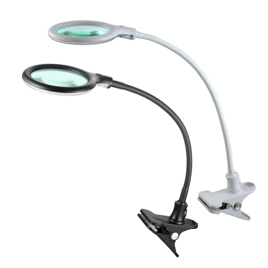 Lumeno 680X LED-Klemmleuchte mit flexiblem Schwanenhals in schwarz und weiß, ideal für präzises Arbeiten.