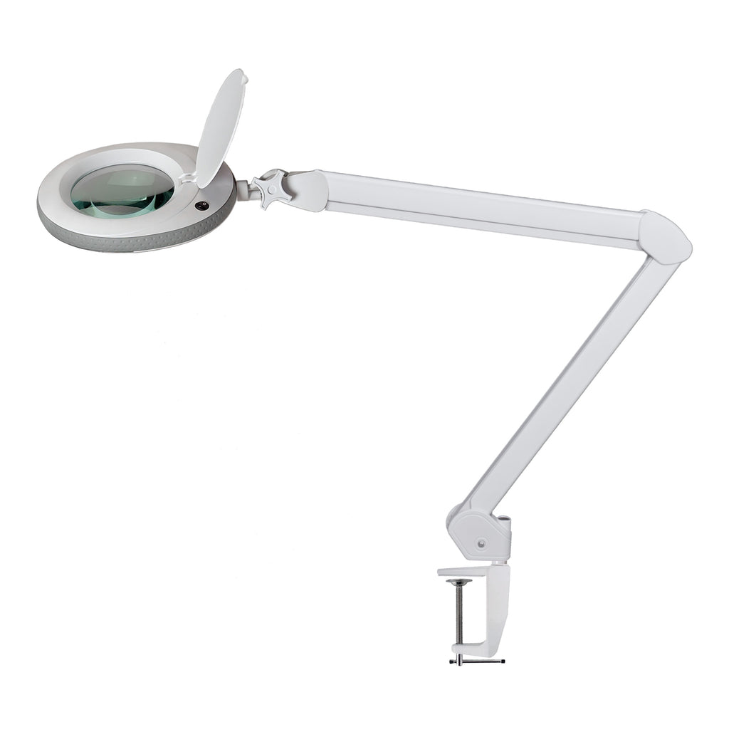 Lampa z lupą Lumeno 721X w kolorze szarym z zaciskiem stołowym, widok ogólny