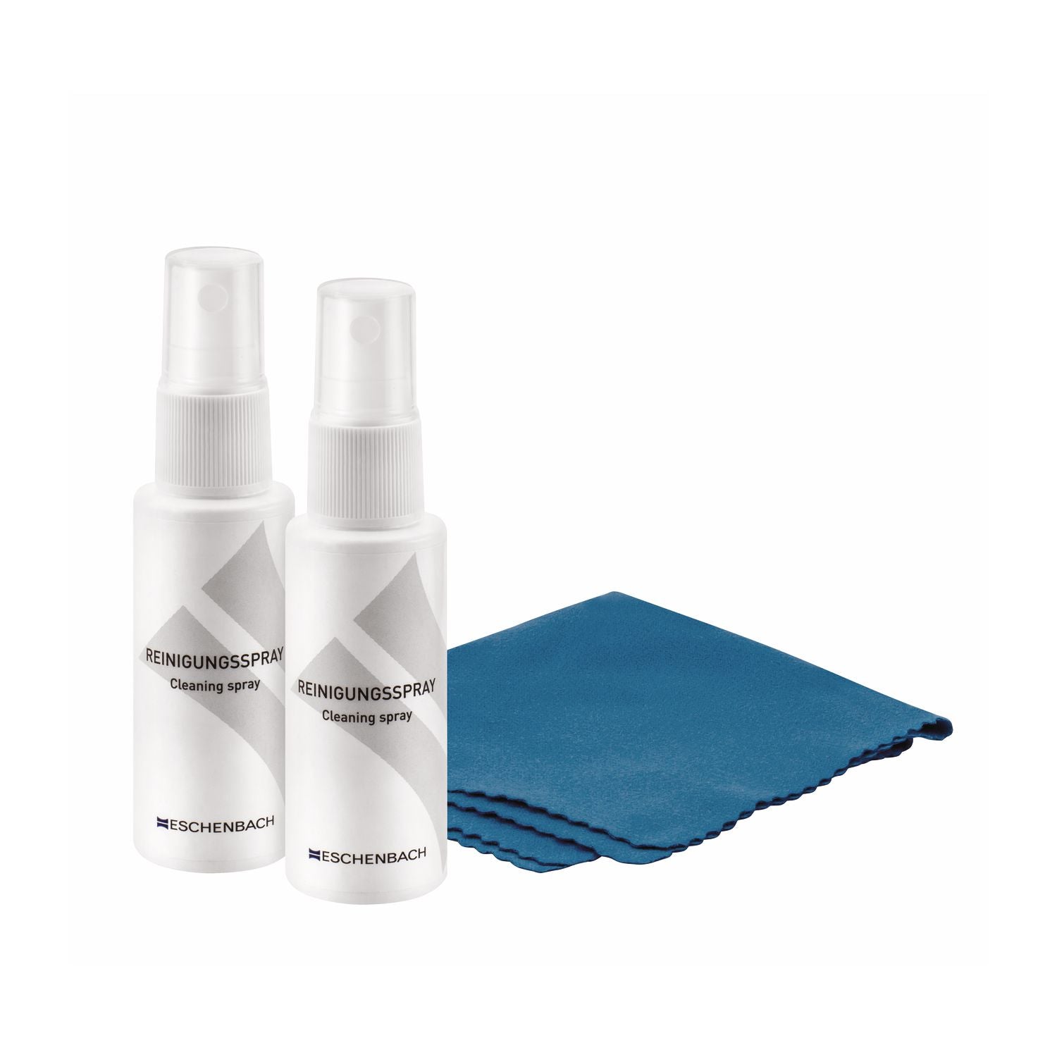 Reinigungsspray Set: zwei Sprühflaschen mit blauem Mikrofasertuch