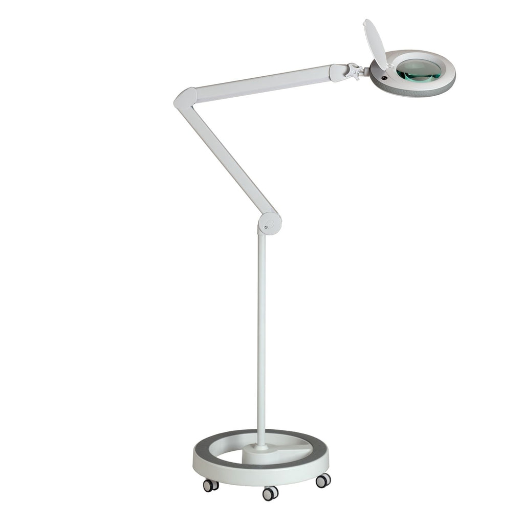 Lampa z lupą Lumeno w kolorze szarym w zestawie ze statywem jezdnym, widok z boku