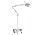 Lampa z lupą Lumeno w kolorze szarym w zestawie ze statywem jezdnym, widok z boku